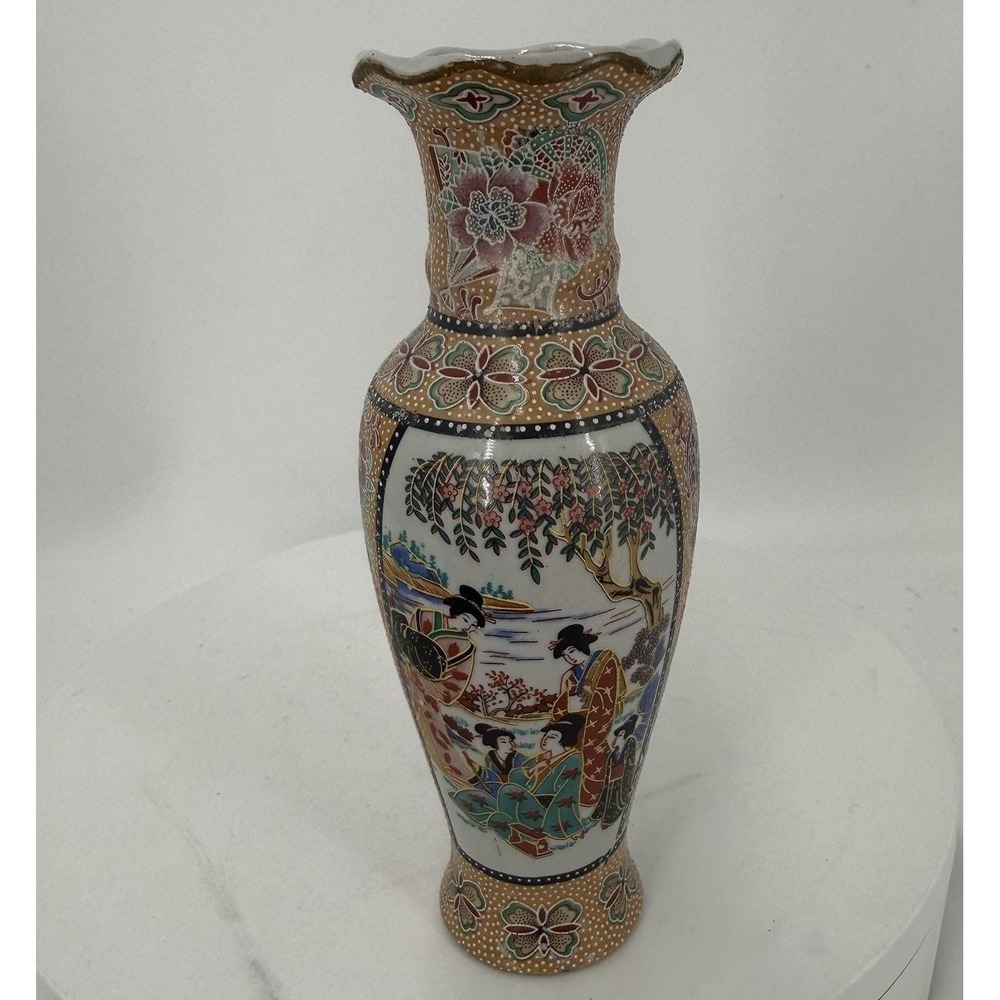 Vintage Mini Satsuma Style Japanese Porcelain Vase With Raised Enamel Details